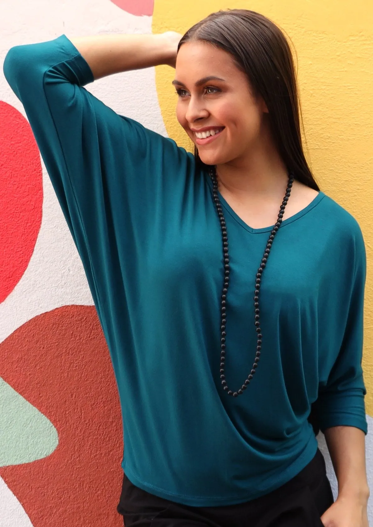 3/4 Sleeve V-neck Batwing Top Teal