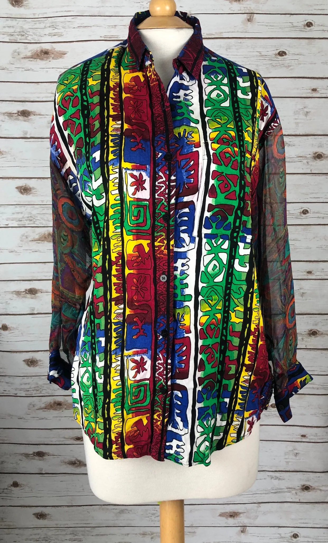 80s 90s Vintage Button Down Blouse Sheer Sleeve Tribal Print Hipster Slouch