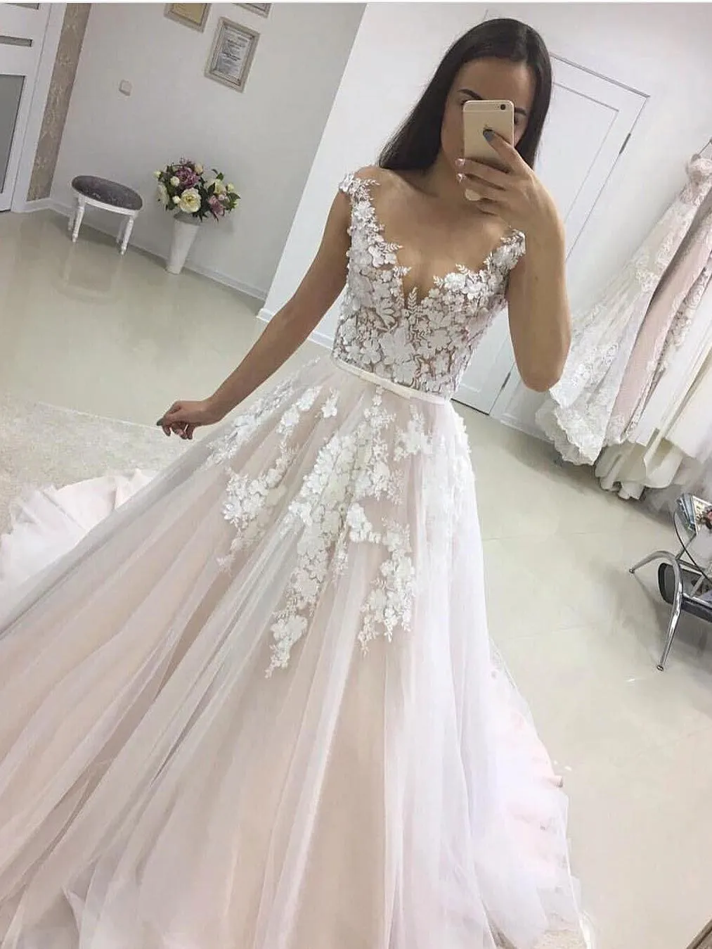 A-line Deep-V Chapel Train Tulle Appliqued Wedding Dresses SWD029