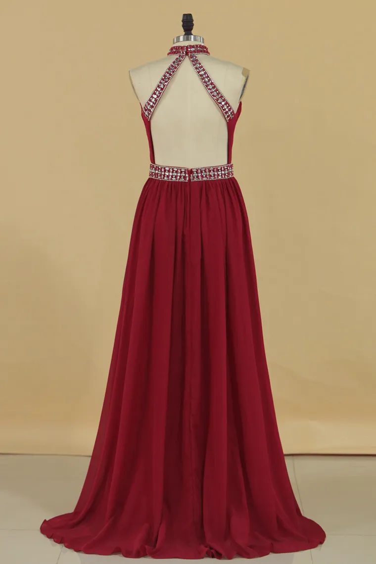 A Line High Neck Chiffon Prom Dresses With Beads Open Back Sweep Train