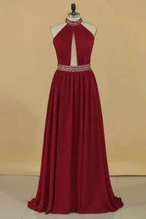 A Line High Neck Chiffon Prom Dresses With Beads Open Back Sweep Train