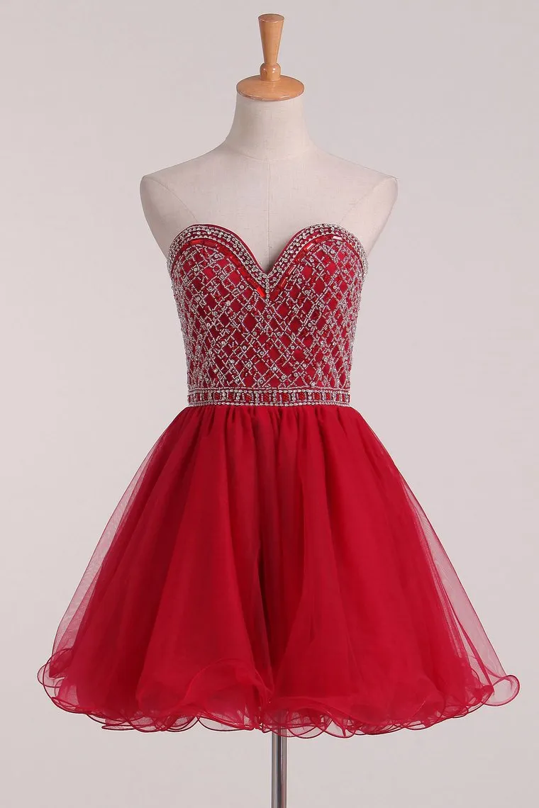 A Line Homecoming Dresses Sweetheart Beaded Bodice Tulle Lace Up