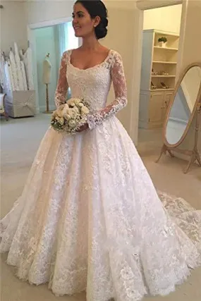 A Line Lace Applique Long Sleeve Sweetheart Covered Button Wedding Dresses JS331