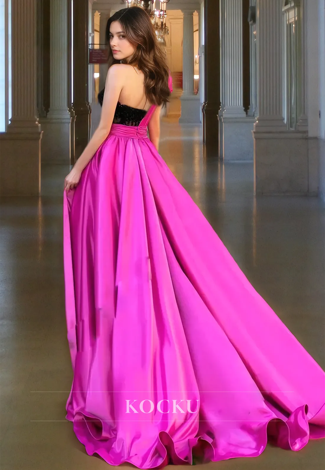 A-Line One Shoulder Prom Dress Sleeveless High Split Satin Formal Dress with Train