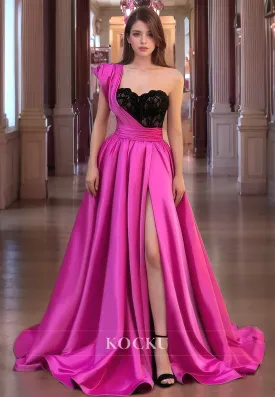 A-Line One Shoulder Prom Dress Sleeveless High Split Satin Formal Dress with Train