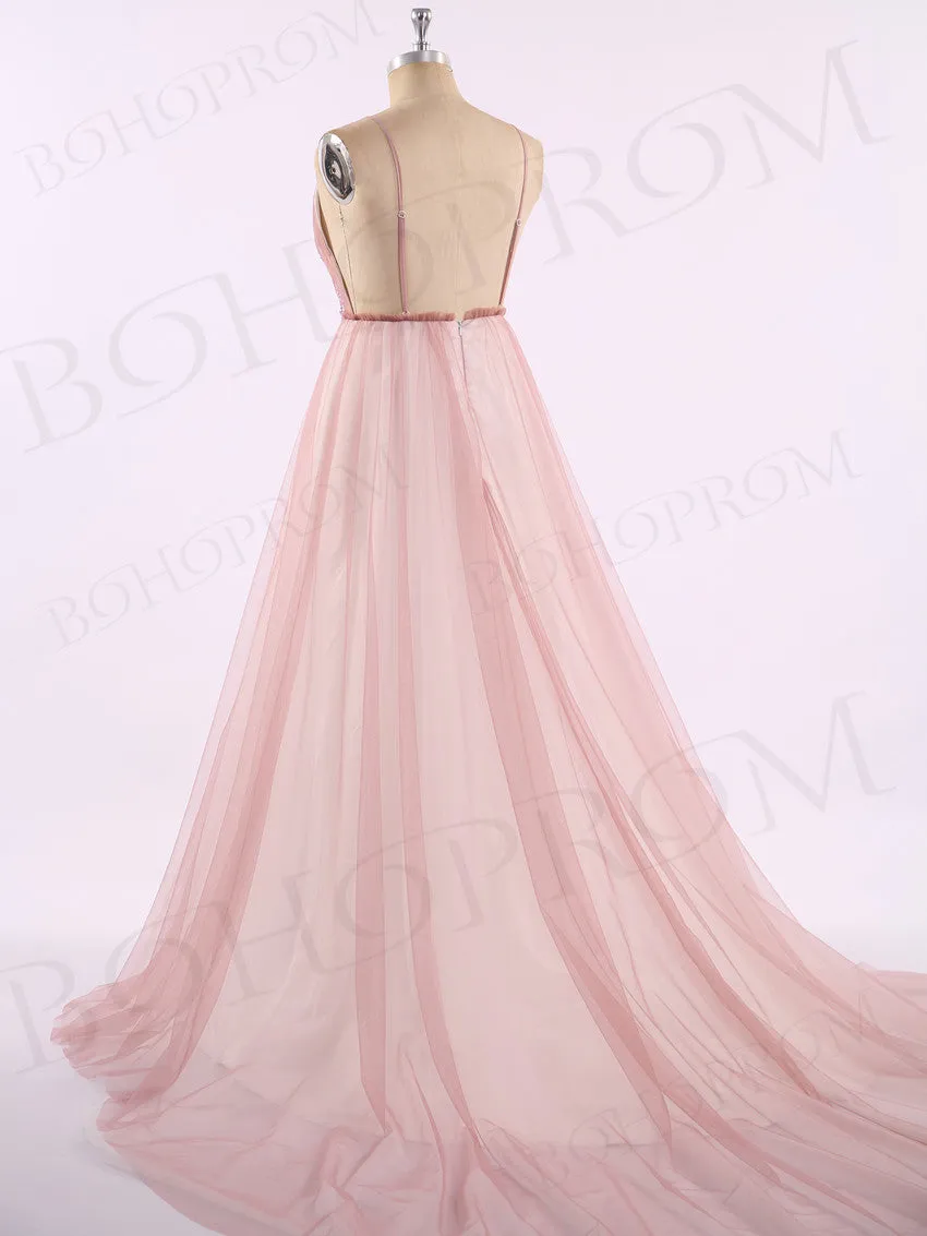 A-line Spaghetti Strap Floor-Length Tulle Appliqued Prom Dresses ASD2654