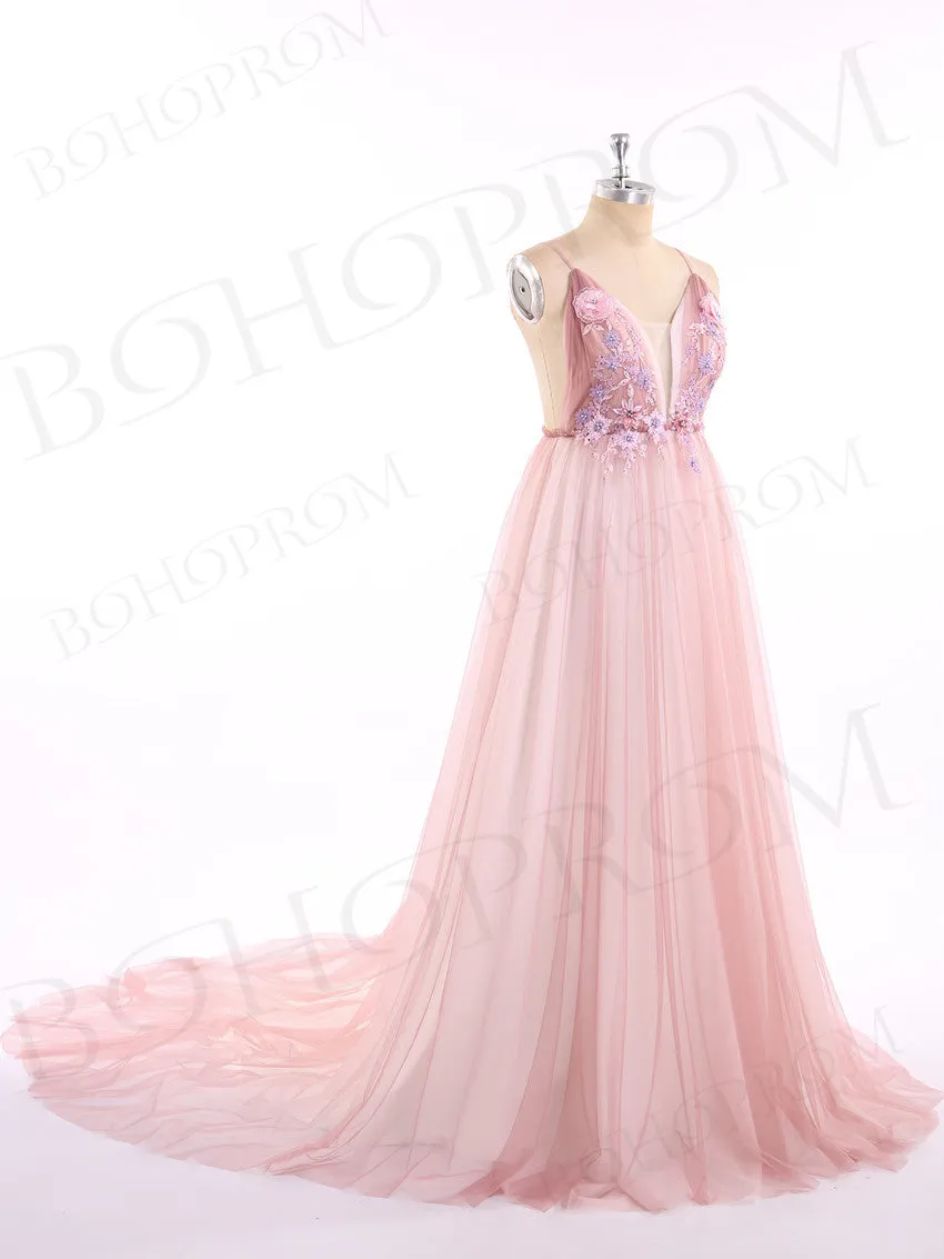 A-line Spaghetti Strap Floor-Length Tulle Appliqued Prom Dresses ASD2654