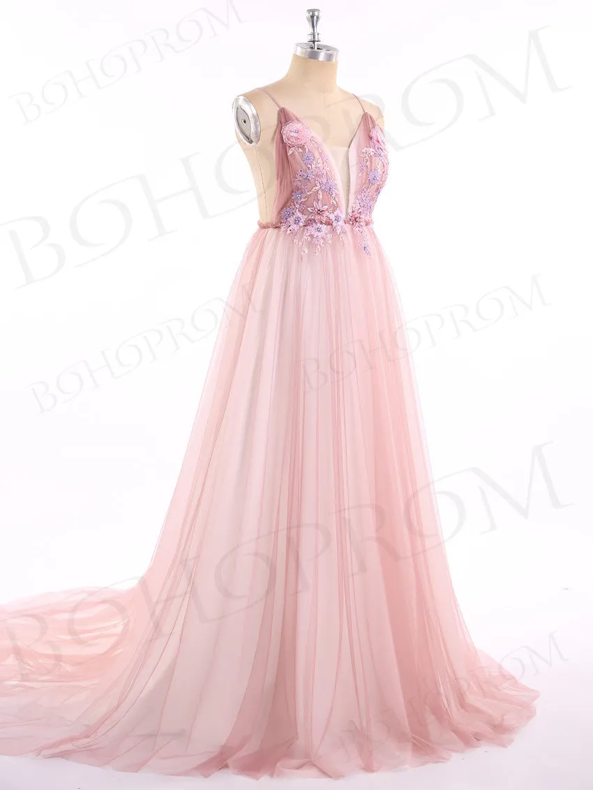 A-line Spaghetti Strap Floor-Length Tulle Appliqued Prom Dresses ASD2654