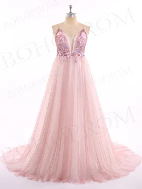 A-line Spaghetti Strap Floor-Length Tulle Appliqued Prom Dresses ASD2654