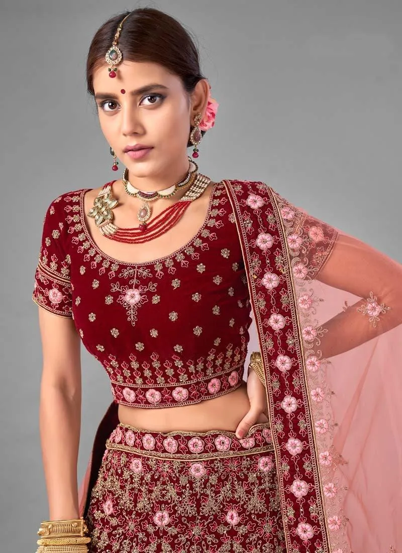 Amazing Dori And Stone Work Maroon Color Velvet Base Lehenga Choli