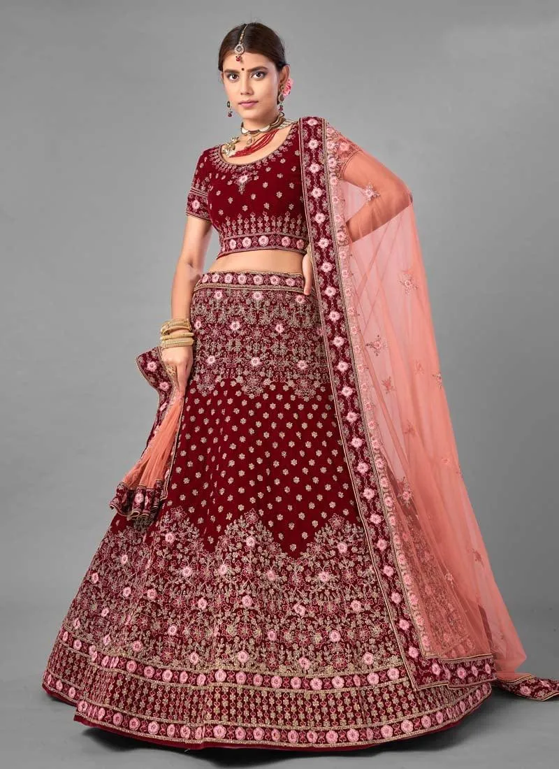 Amazing Dori And Stone Work Maroon Color Velvet Base Lehenga Choli