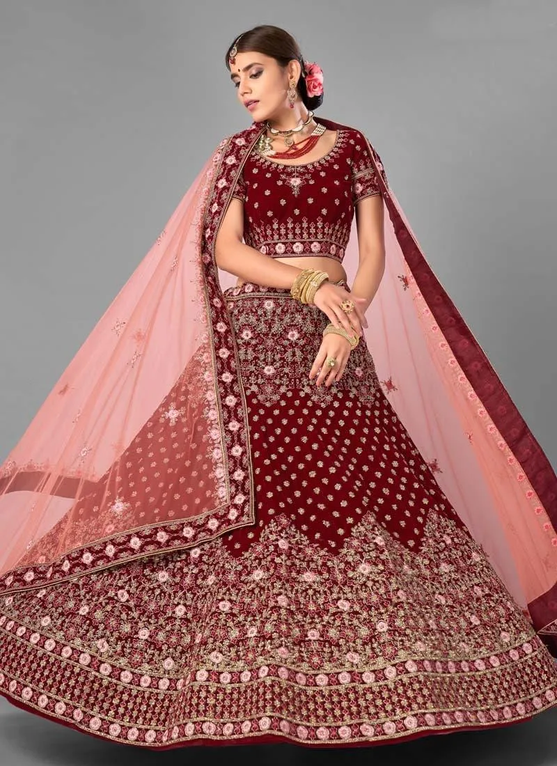 Amazing Dori And Stone Work Maroon Color Velvet Base Lehenga Choli