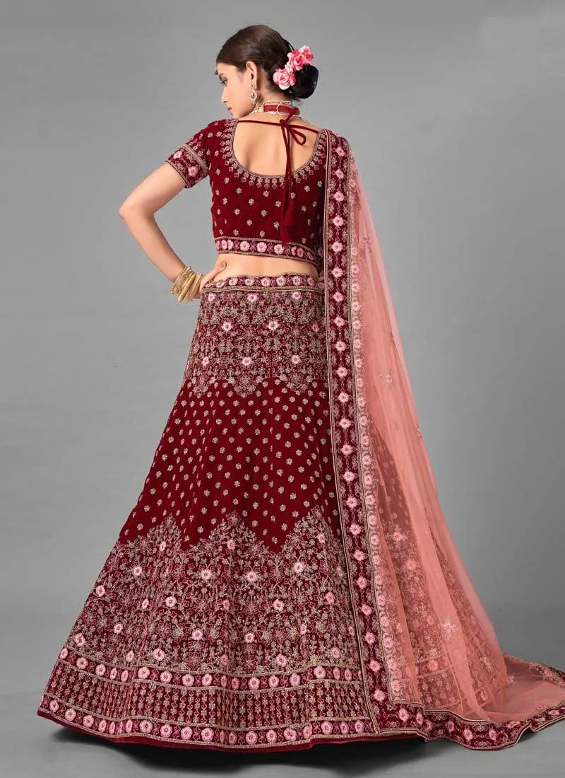 Amazing Dori And Stone Work Maroon Color Velvet Base Lehenga Choli