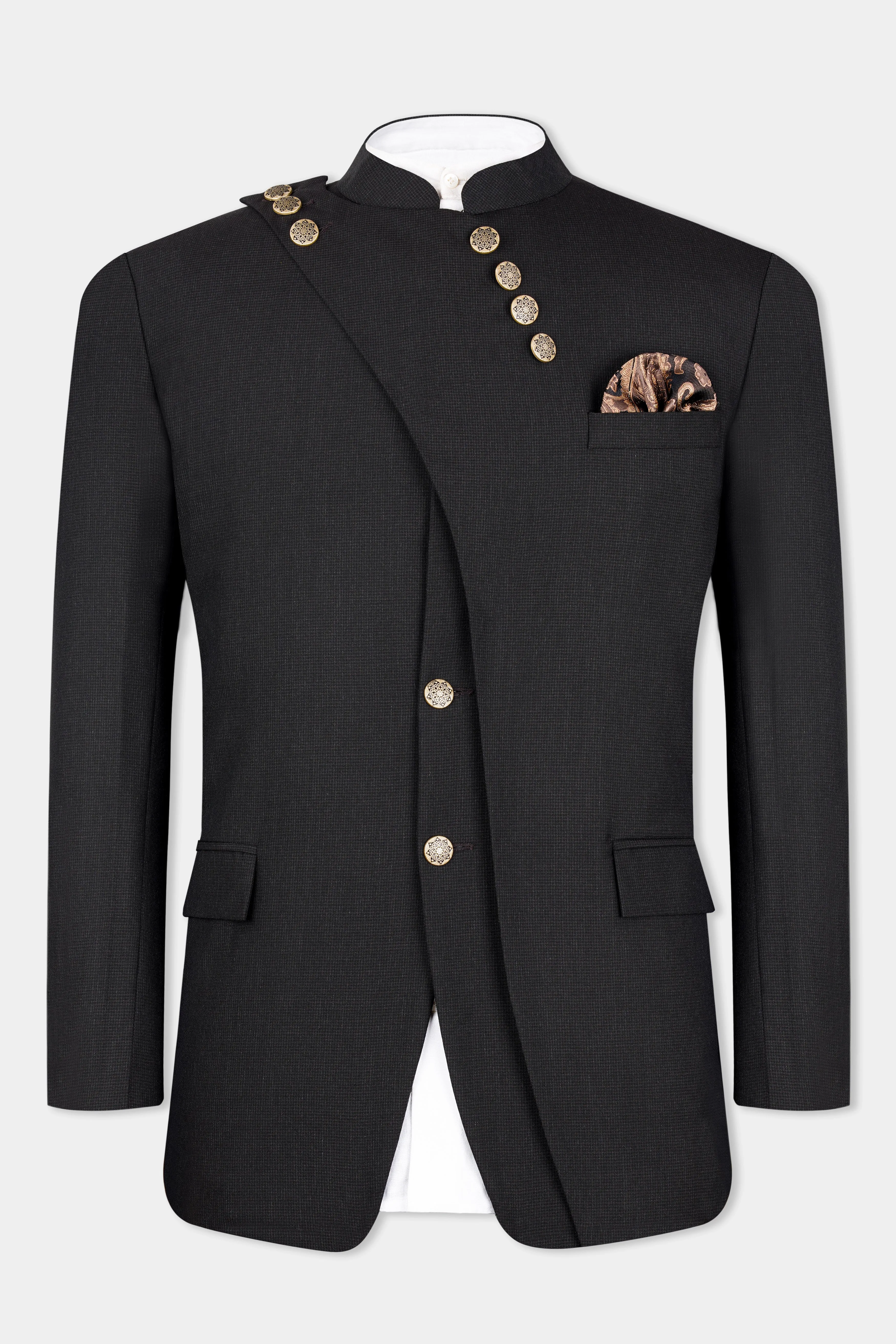 Baltic Sea Black Wool Rich Designer Bandhgala Blazer