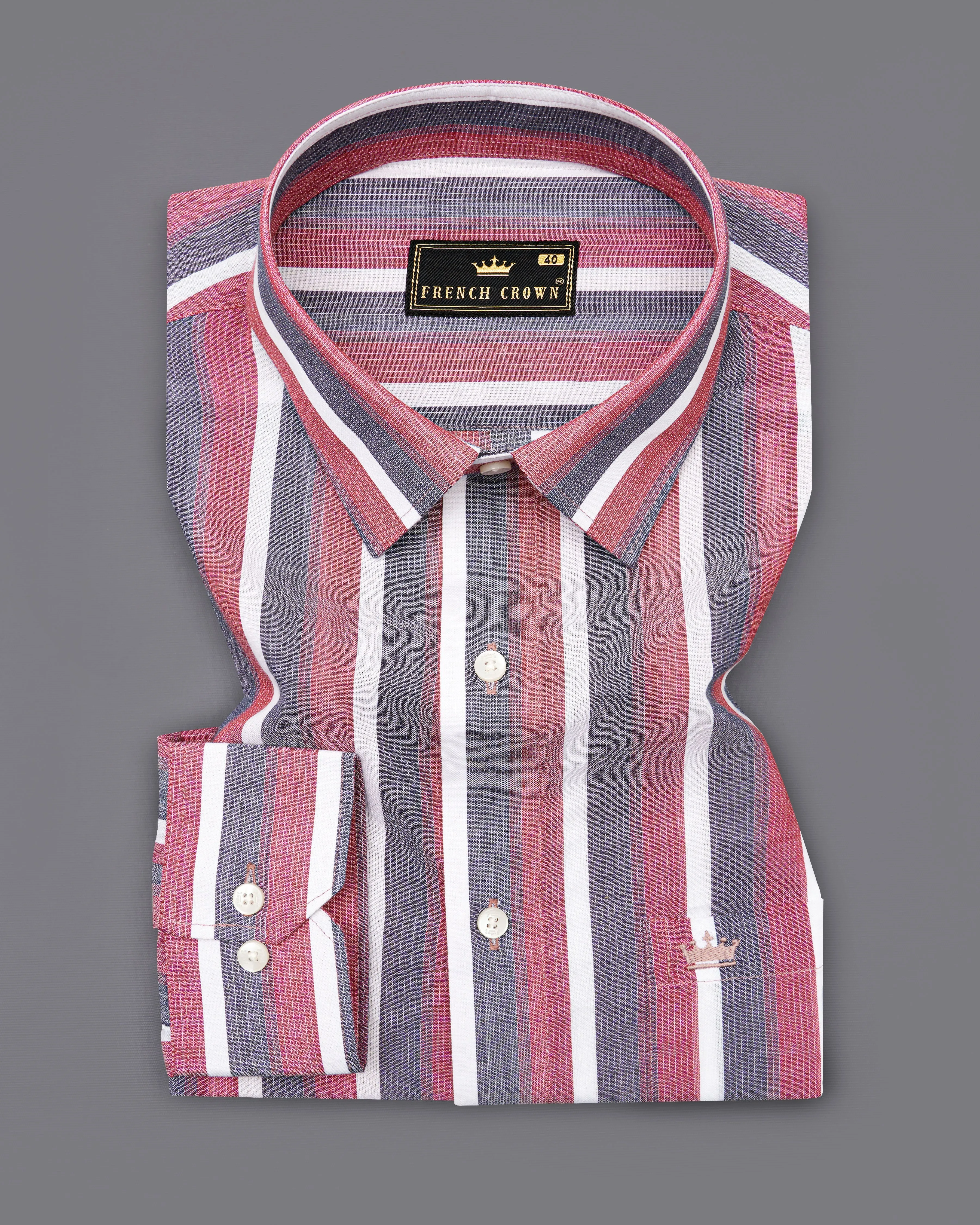 Bashful Pink with Shuttle Gray Striped Dobby Textured Premium Giza Cotton Shirt