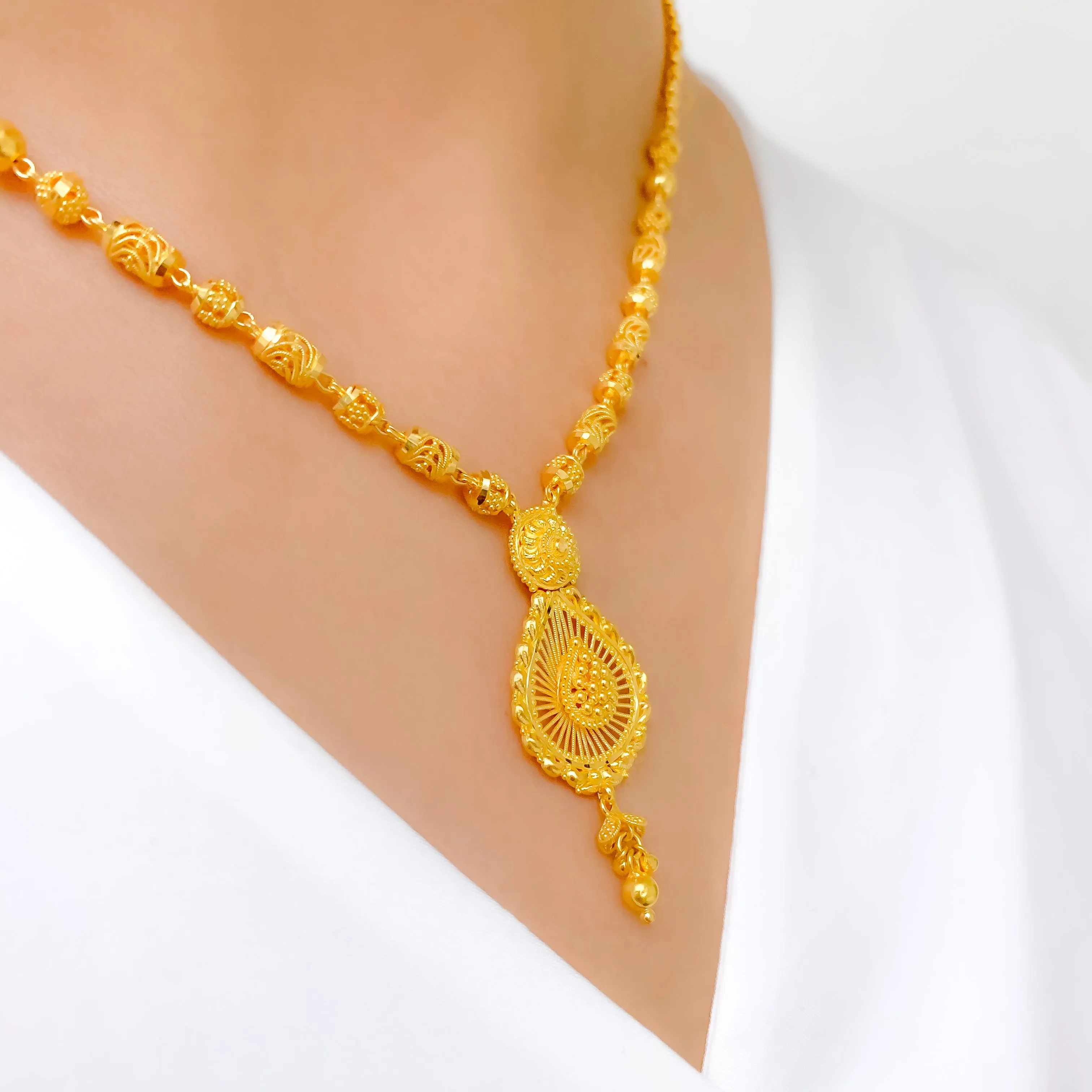 Beaded Radiant Pear Drop Gold Necklace