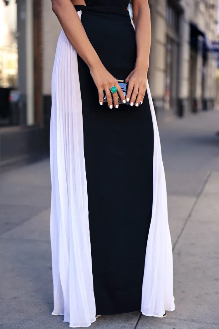 Black & White Side Pleated Maxi Dress