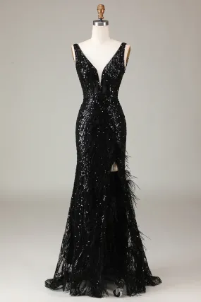 Black Deep V-neck Sequin Lace Mermaid Long Prom Dress with Feathers,DP1533