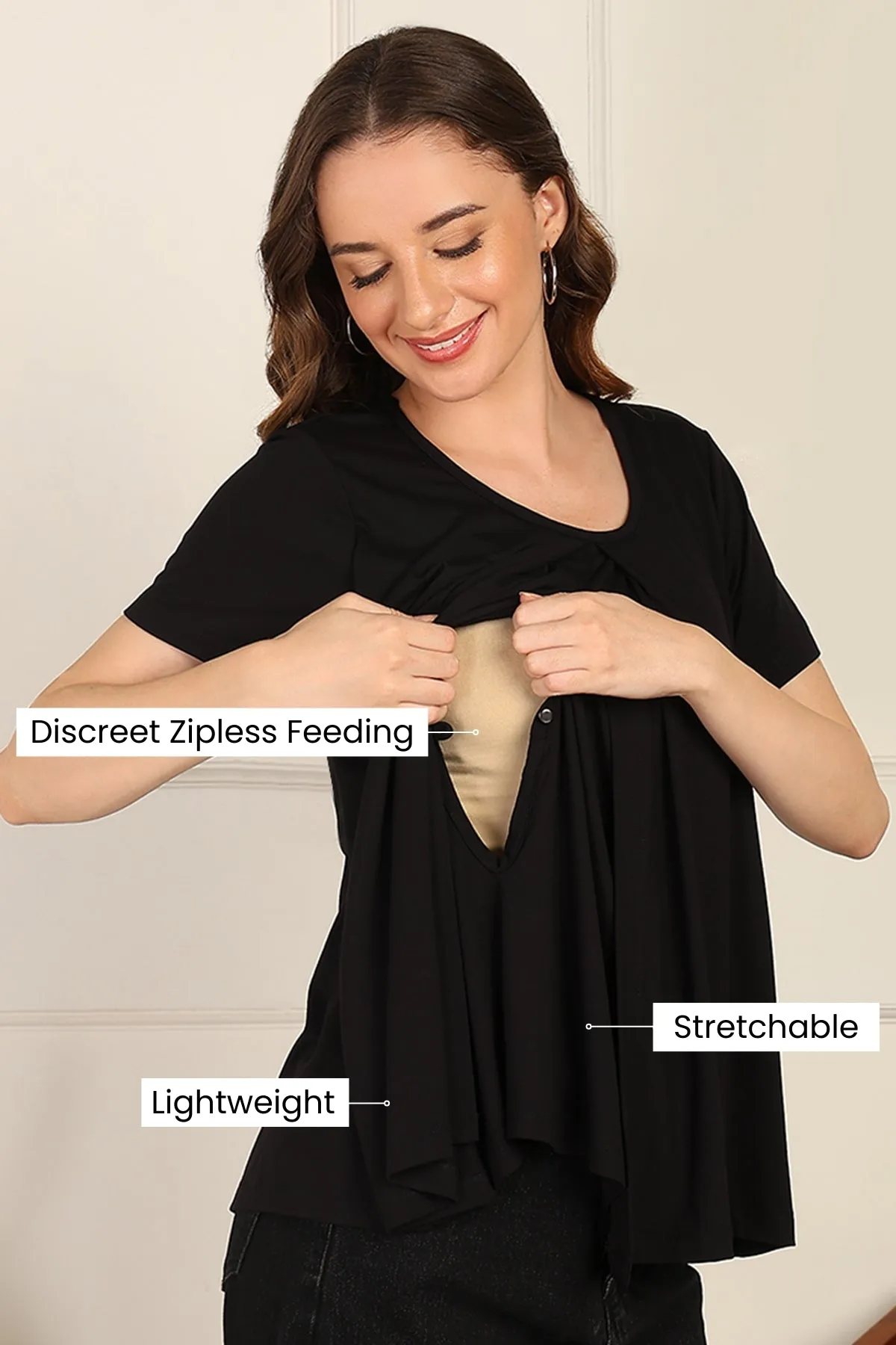 Black Front & Back Pleated Zipless Nursing Top