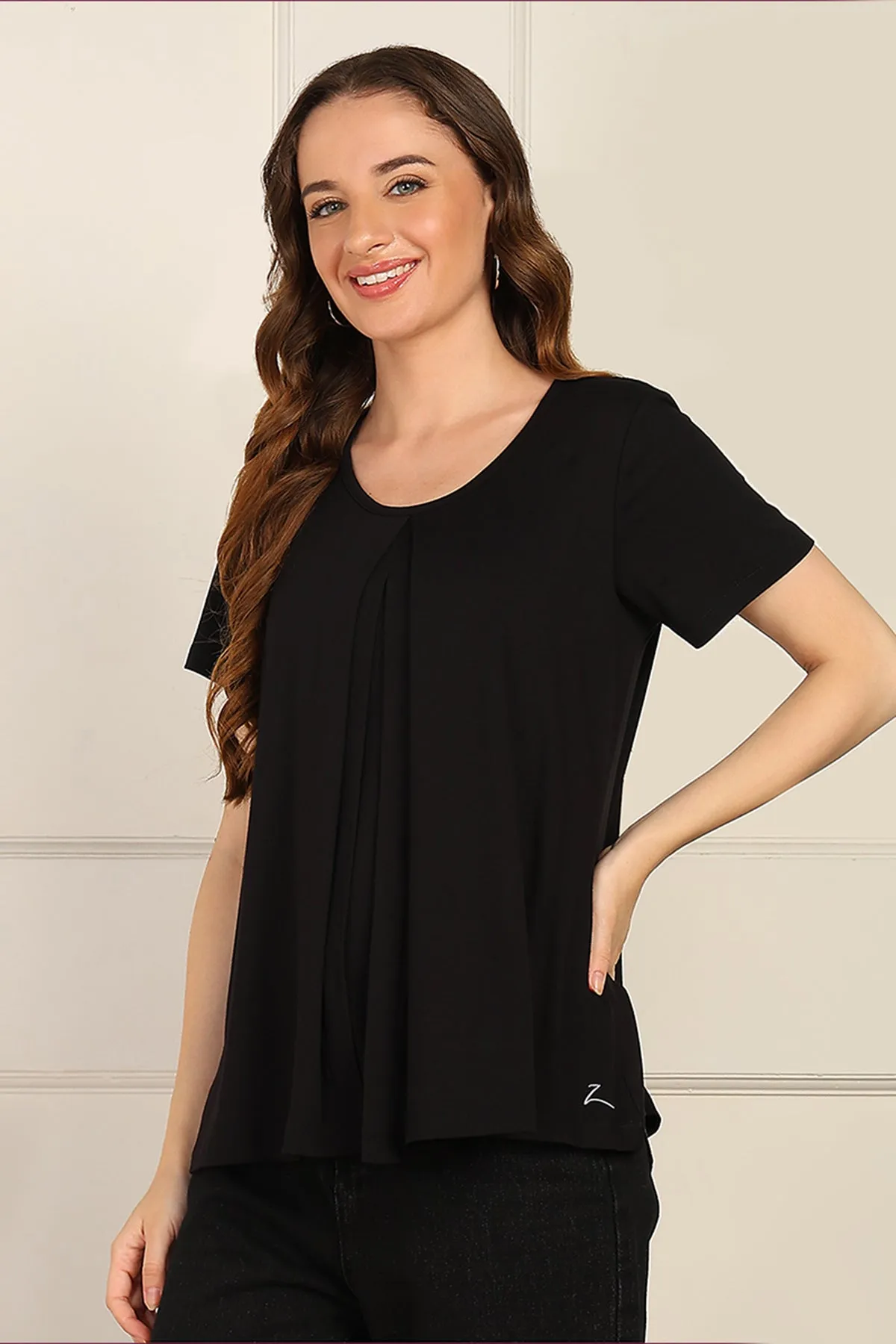 Black Front & Back Pleated Zipless Nursing Top