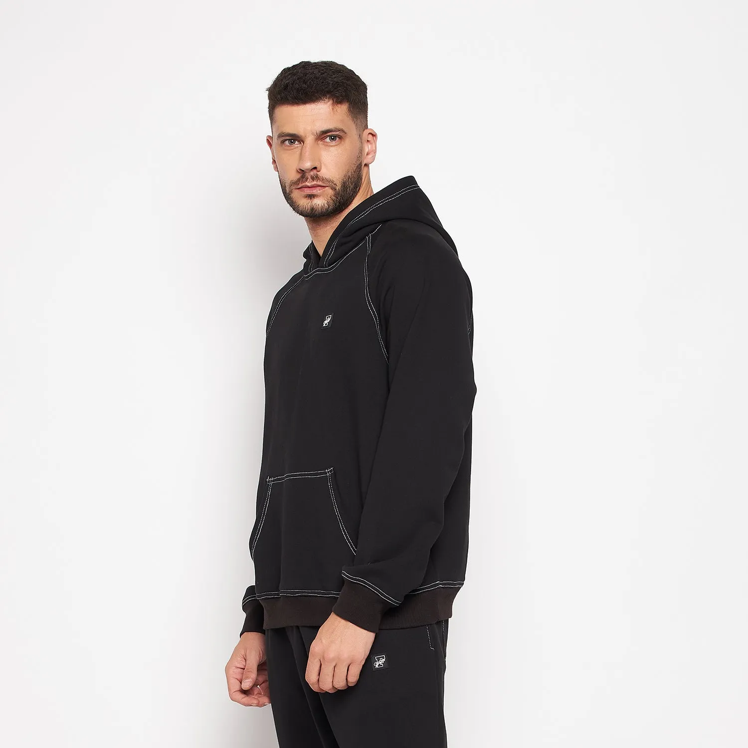 Black Oversized Contrast Stitch Hooded Sweatshirt