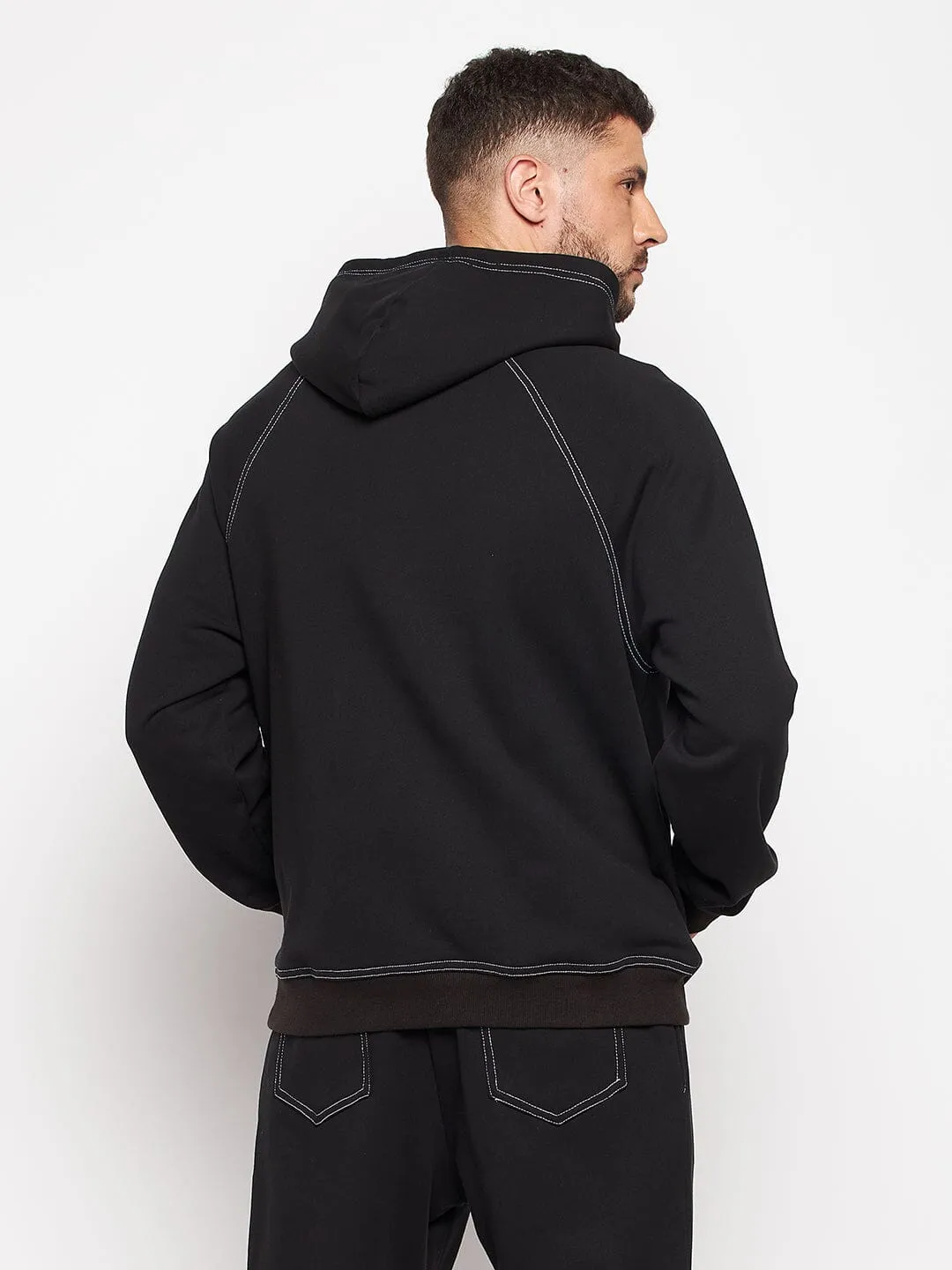 Black Oversized Contrast Stitch Hooded Sweatshirt