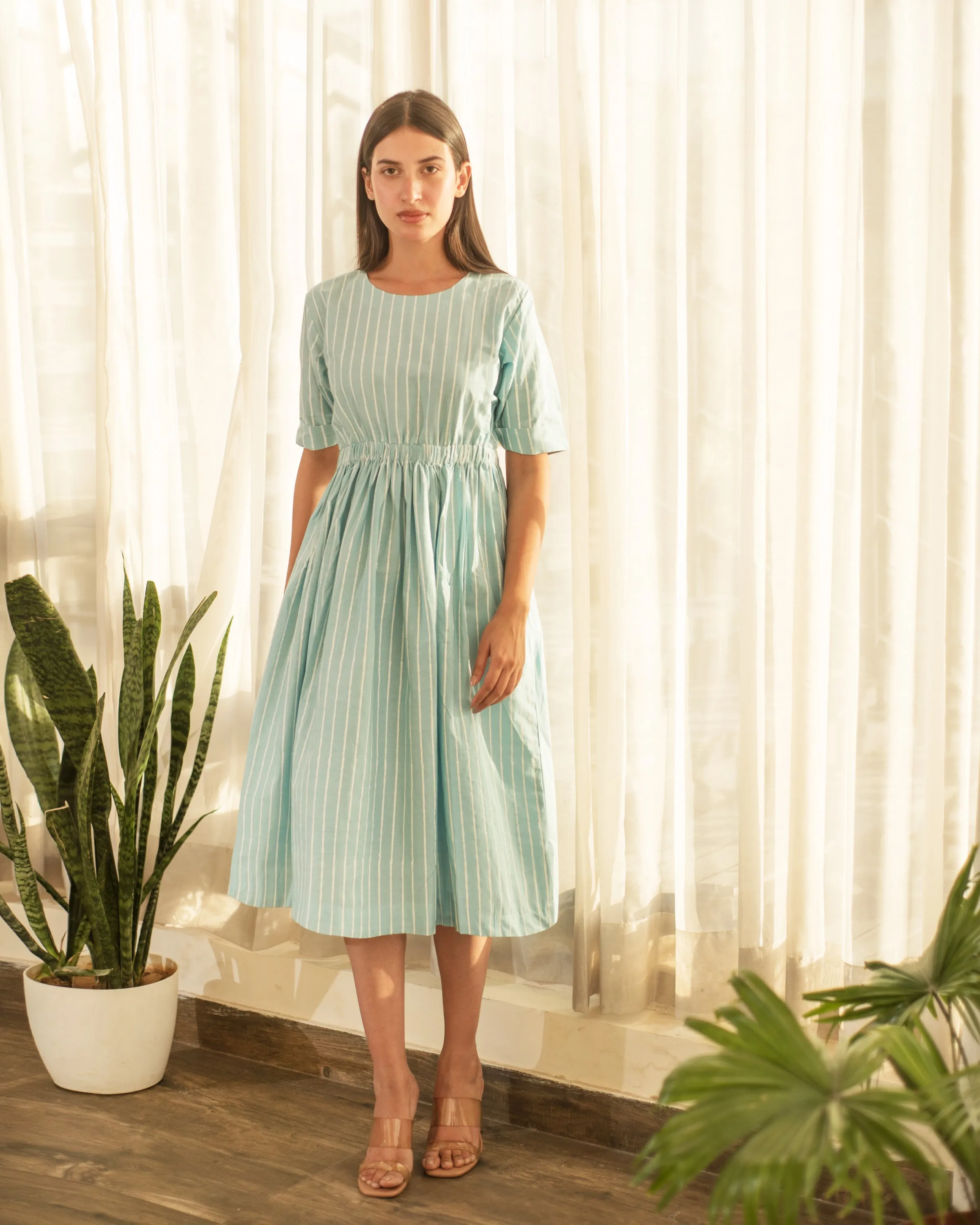 Blue Stripe Elastic Waist Dress