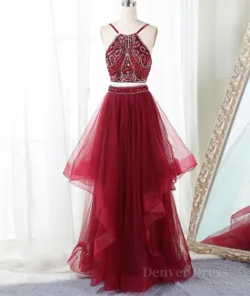 Burgundy two pieces beads long prom dress burgundy evening dress