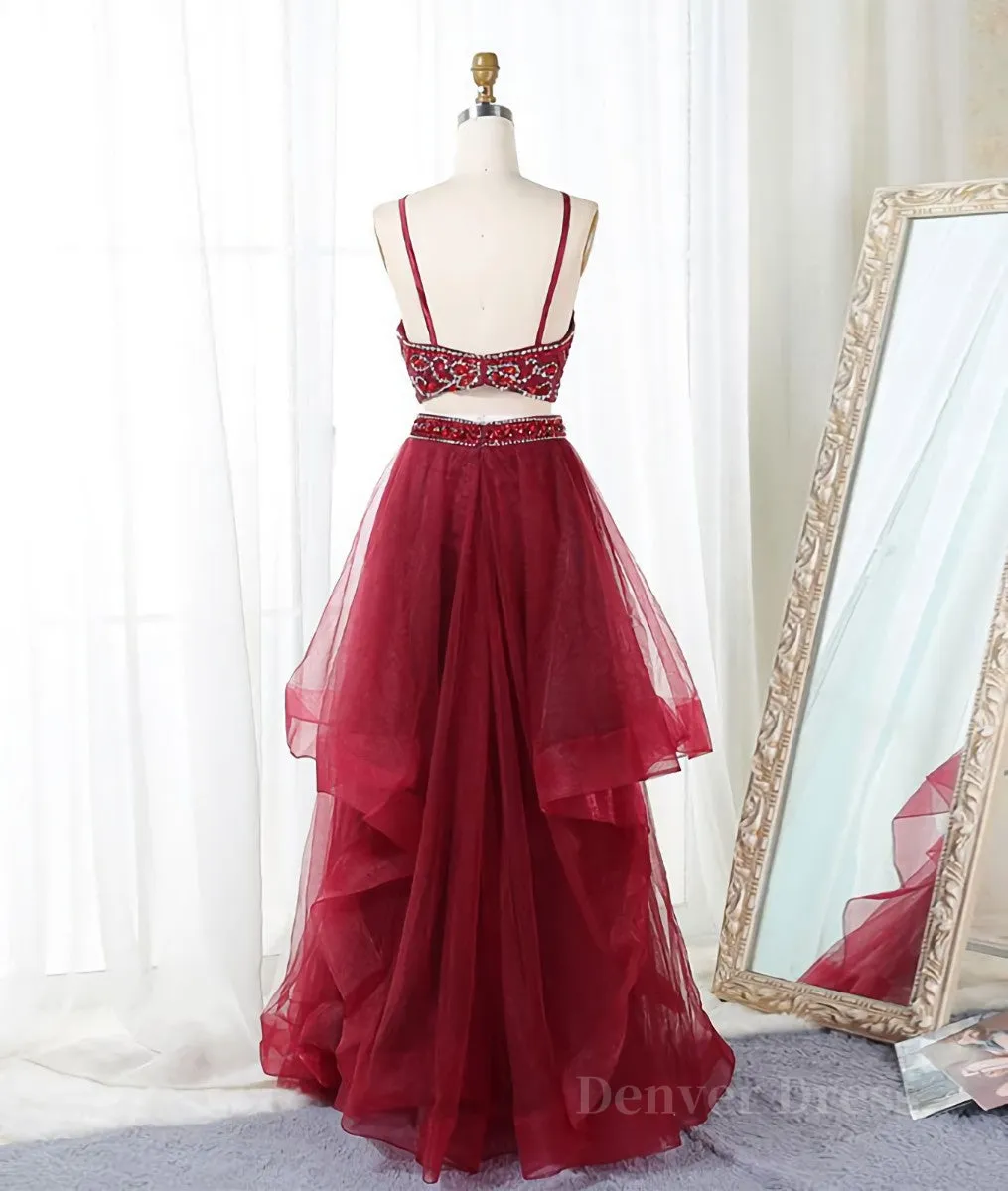 Burgundy two pieces beads long prom dress burgundy evening dress