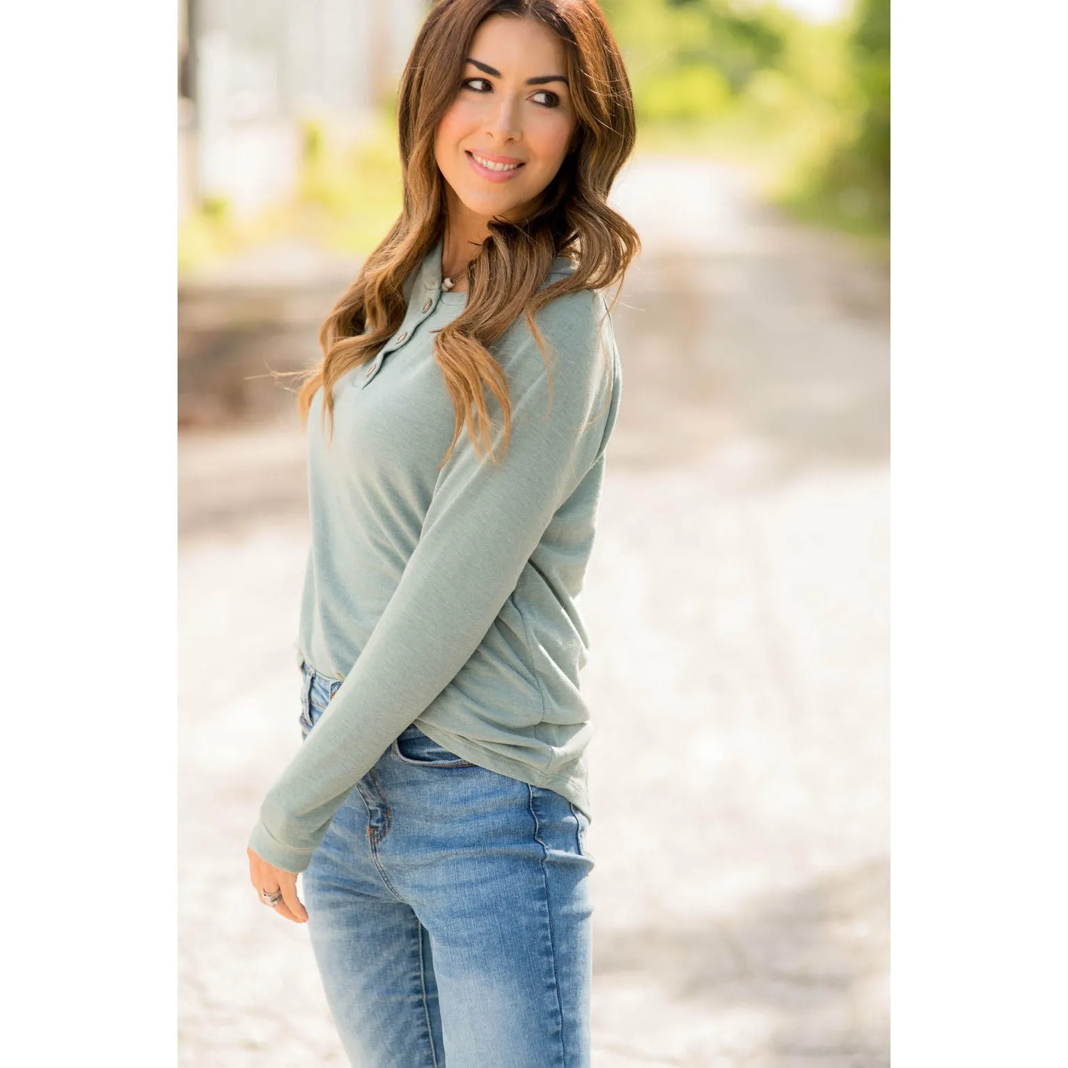 Button Up Heathered Long Sleeve Tee