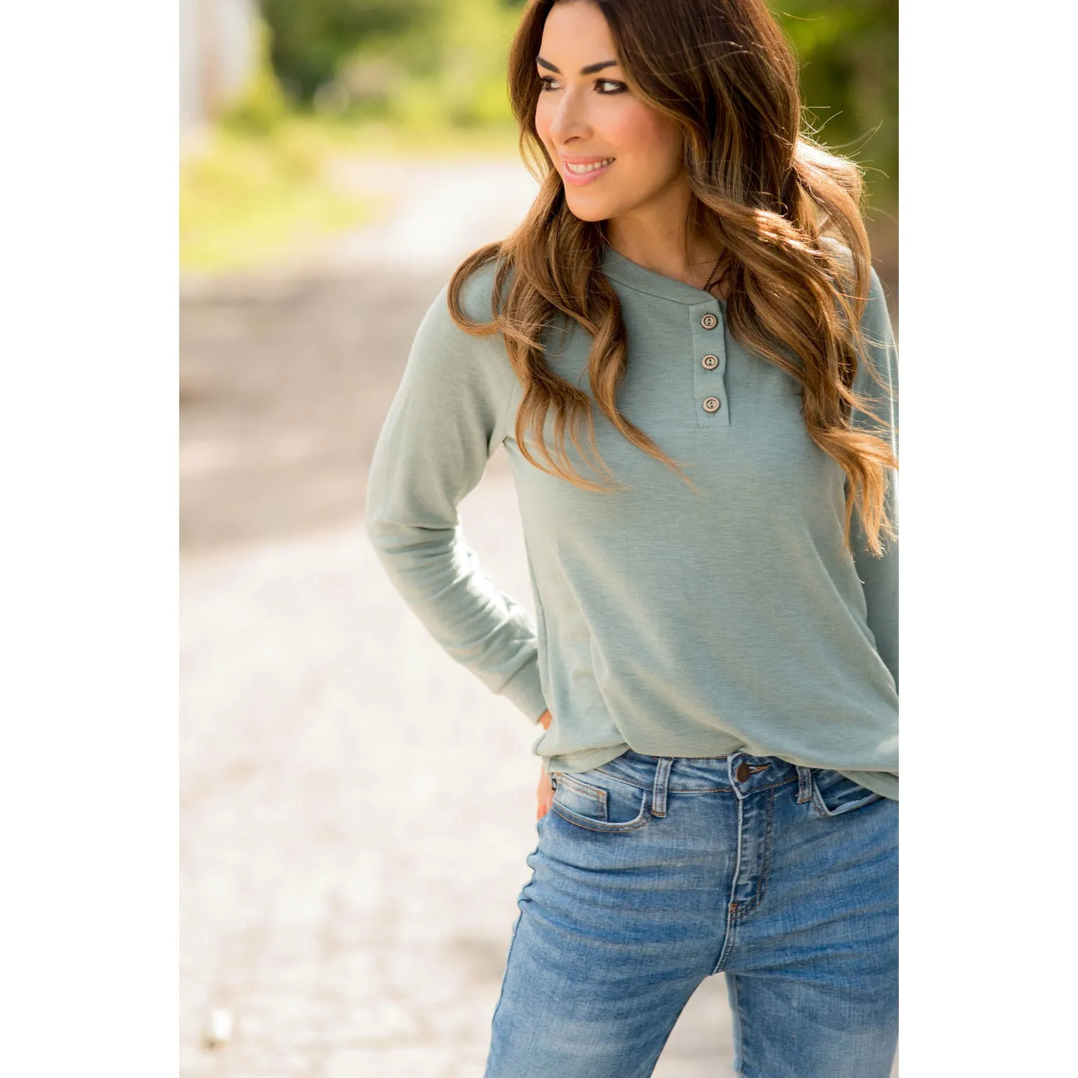 Button Up Heathered Long Sleeve Tee