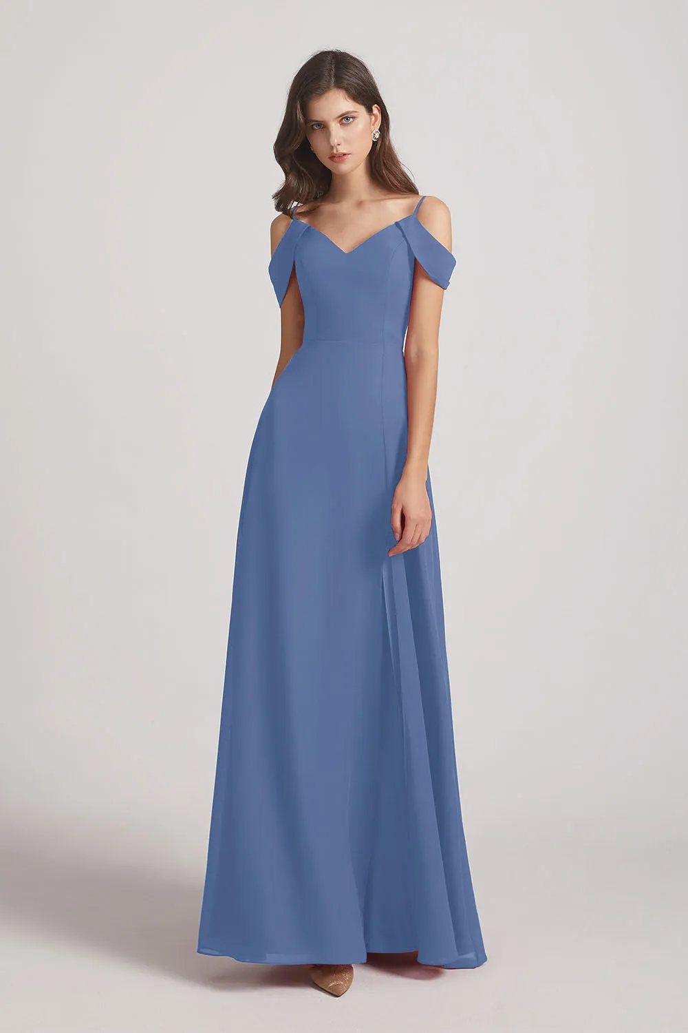 Chiffon Cold Shoulder V-Neck Bridesmaid Dresses with Slit (AF0093)