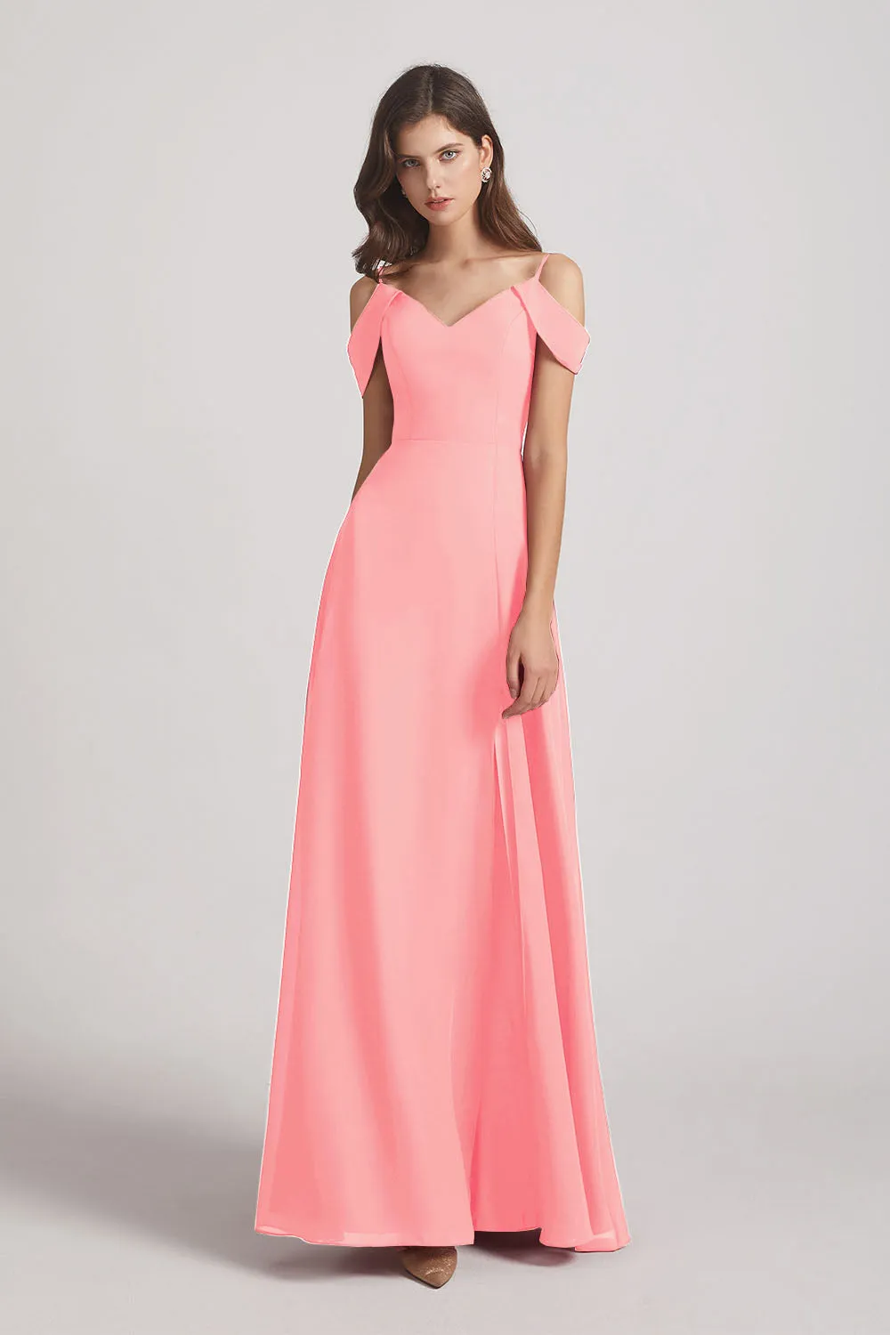 Chiffon Cold Shoulder V-Neck Bridesmaid Dresses with Slit (AF0093)