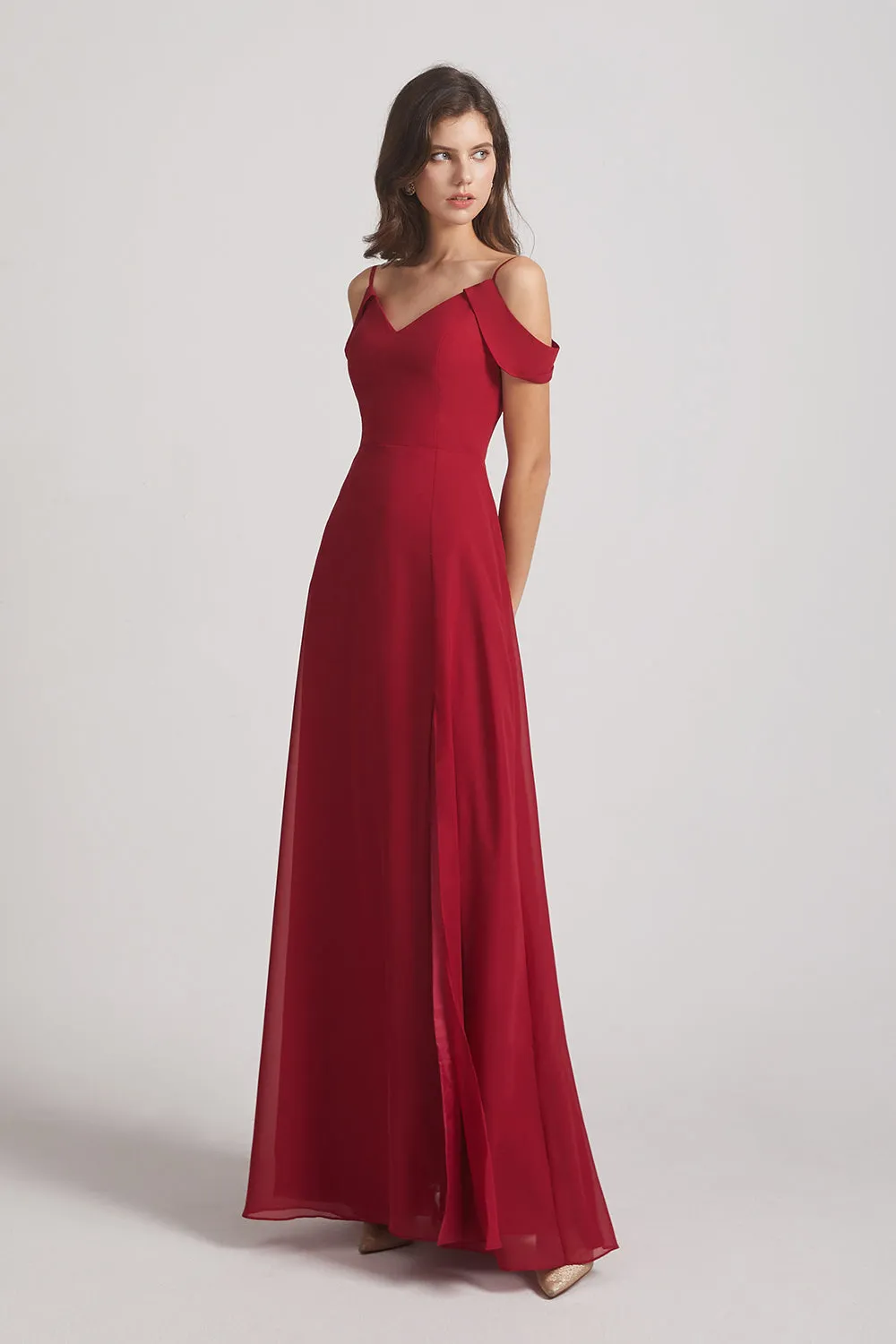 Chiffon Cold Shoulder V-Neck Bridesmaid Dresses with Slit (AF0093)