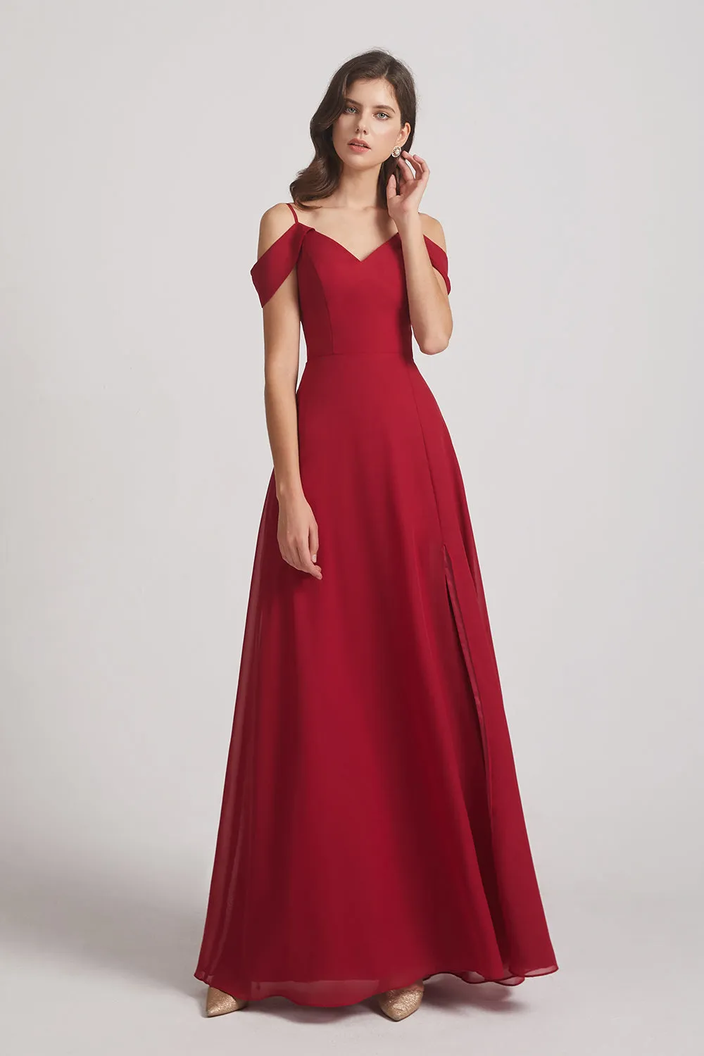 Chiffon Cold Shoulder V-Neck Bridesmaid Dresses with Slit (AF0093)