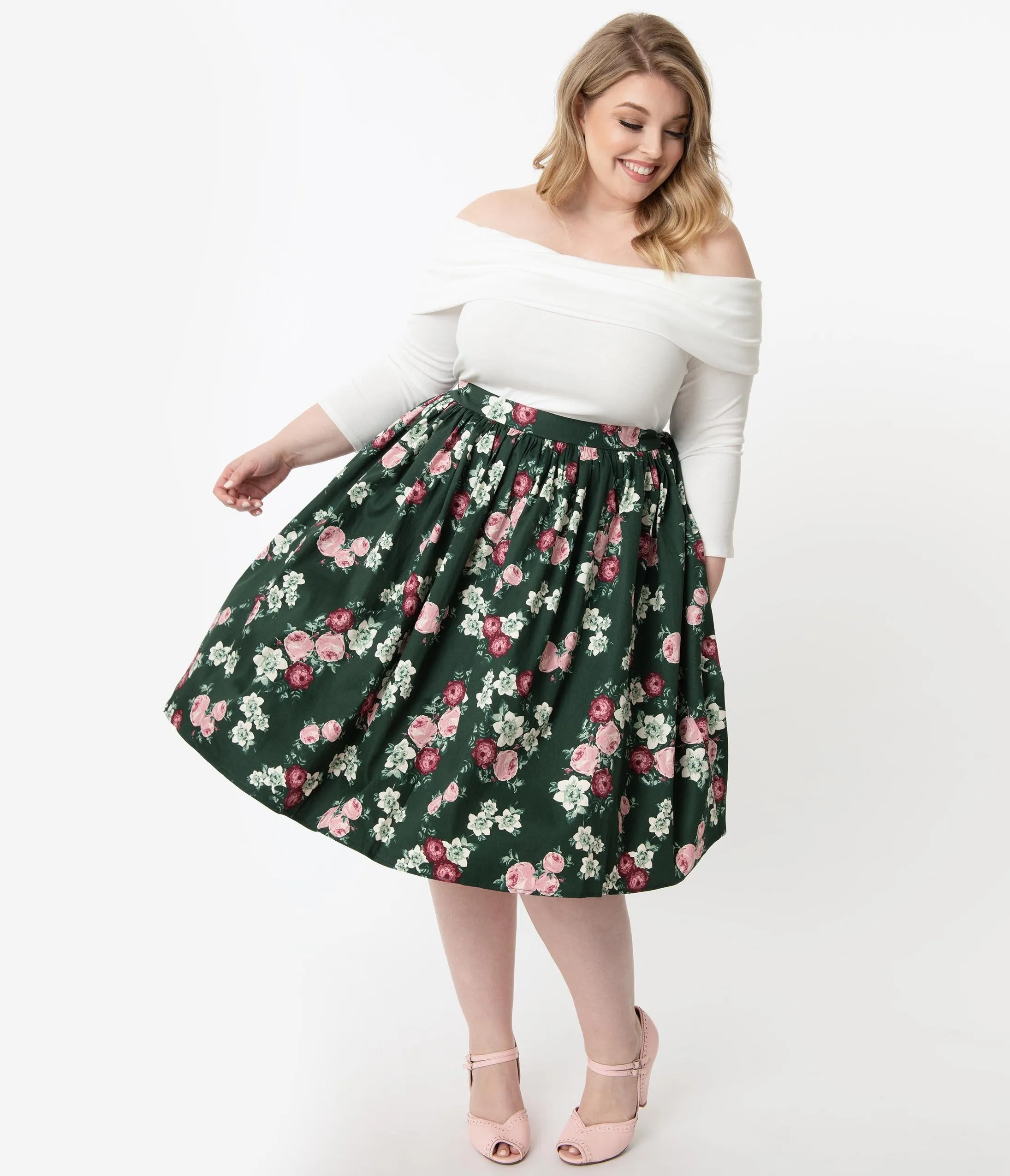 Collectif Plus Size 1950s Dark Green Vintage Bloom Jasmine Swing Skirt