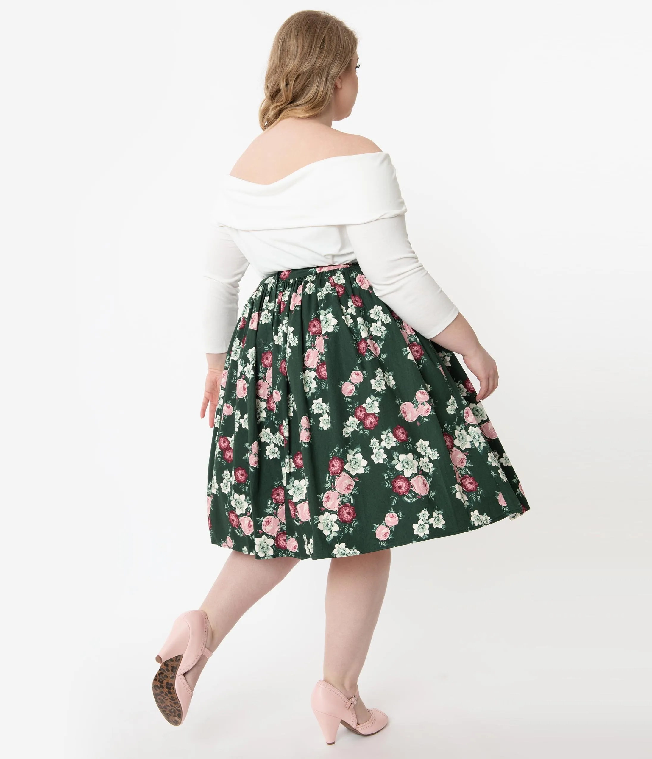 Collectif Plus Size 1950s Dark Green Vintage Bloom Jasmine Swing Skirt