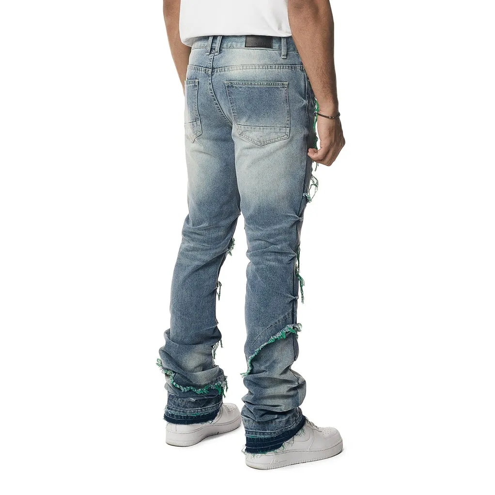 Color Thread Heavy R&R Lazy Stacked Flared Jeans - Green