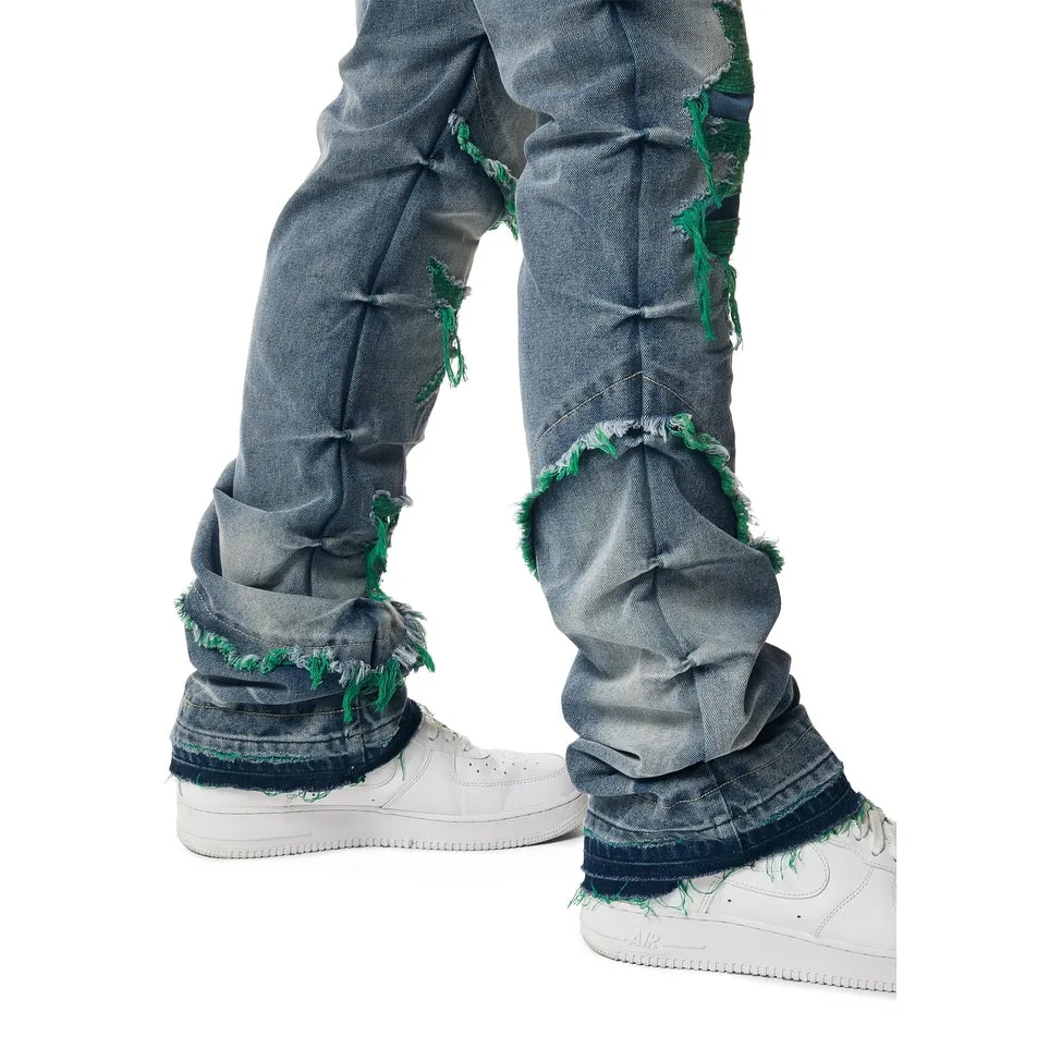 Color Thread Heavy R&R Lazy Stacked Flared Jeans - Green