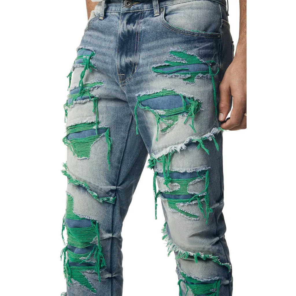 Color Thread Heavy R&R Lazy Stacked Flared Jeans - Green