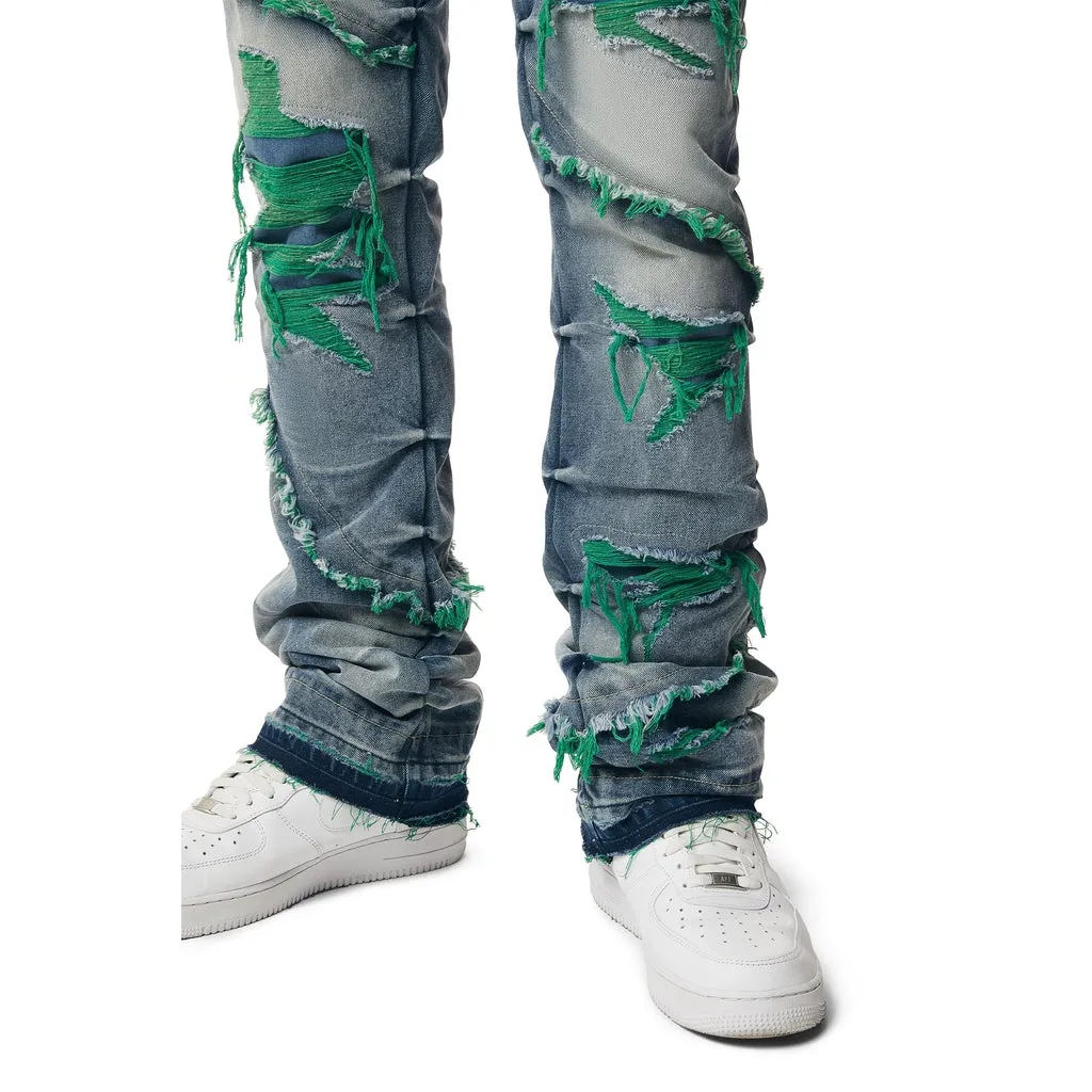 Color Thread Heavy R&R Lazy Stacked Flared Jeans - Green