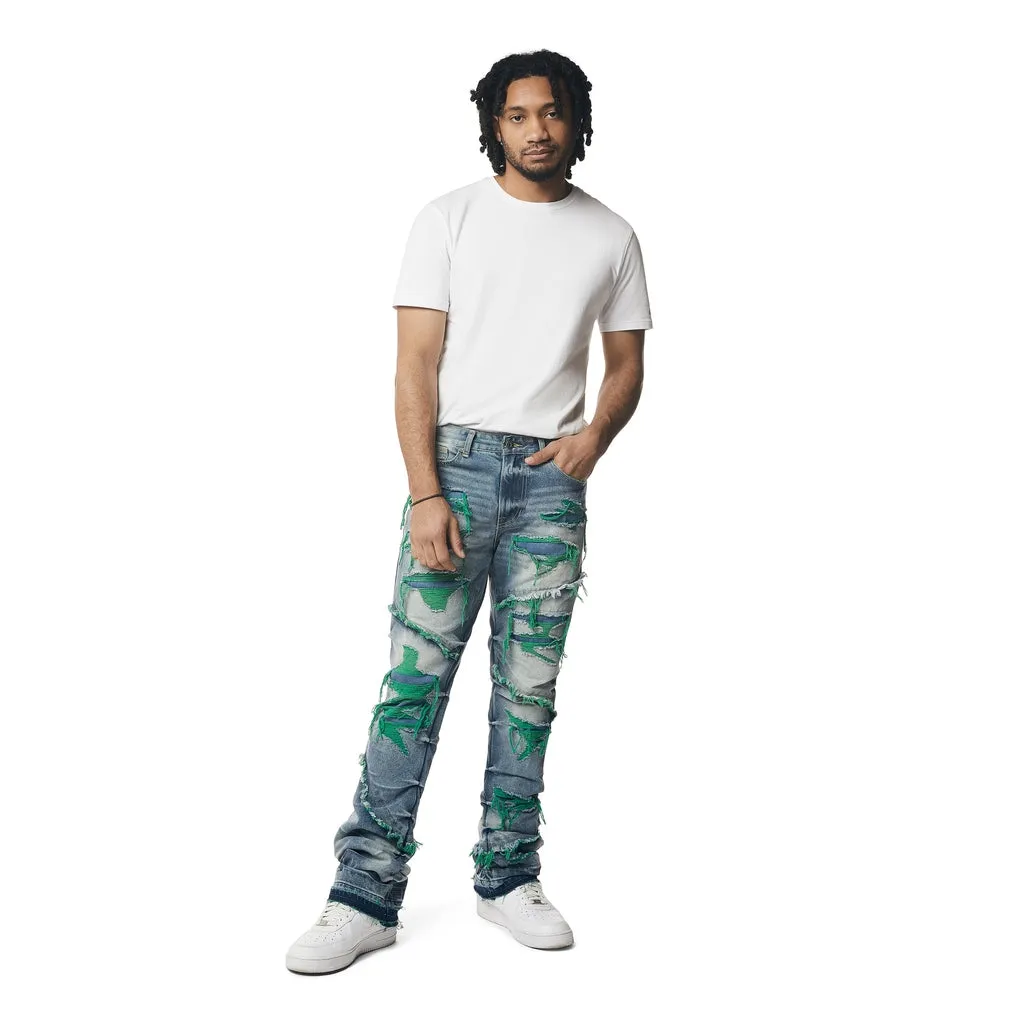 Color Thread Heavy R&R Lazy Stacked Flared Jeans - Green