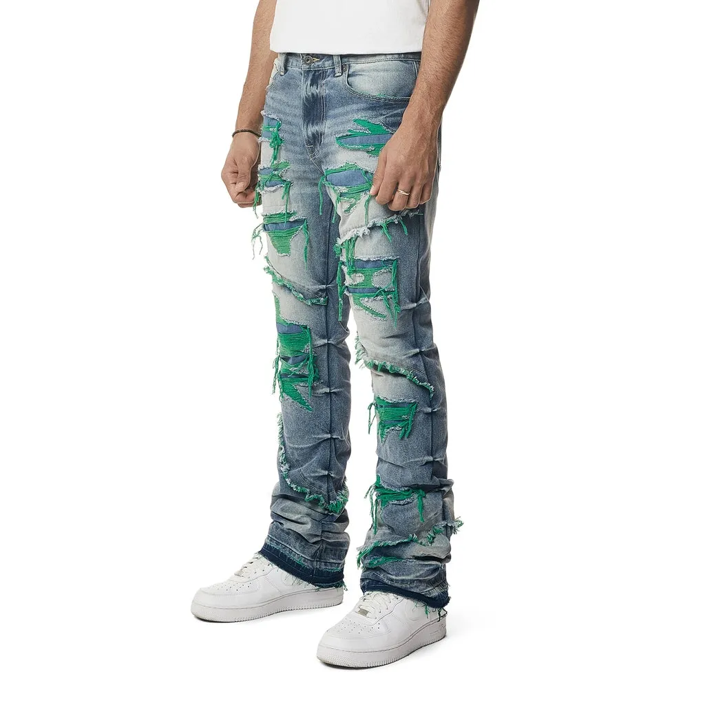 Color Thread Heavy R&R Lazy Stacked Flared Jeans - Green