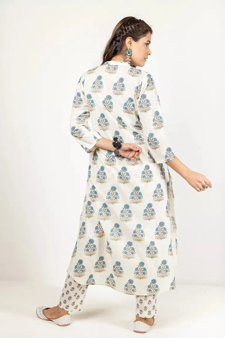 Cream & Blue Cotton Printed Kurta With Pants Set