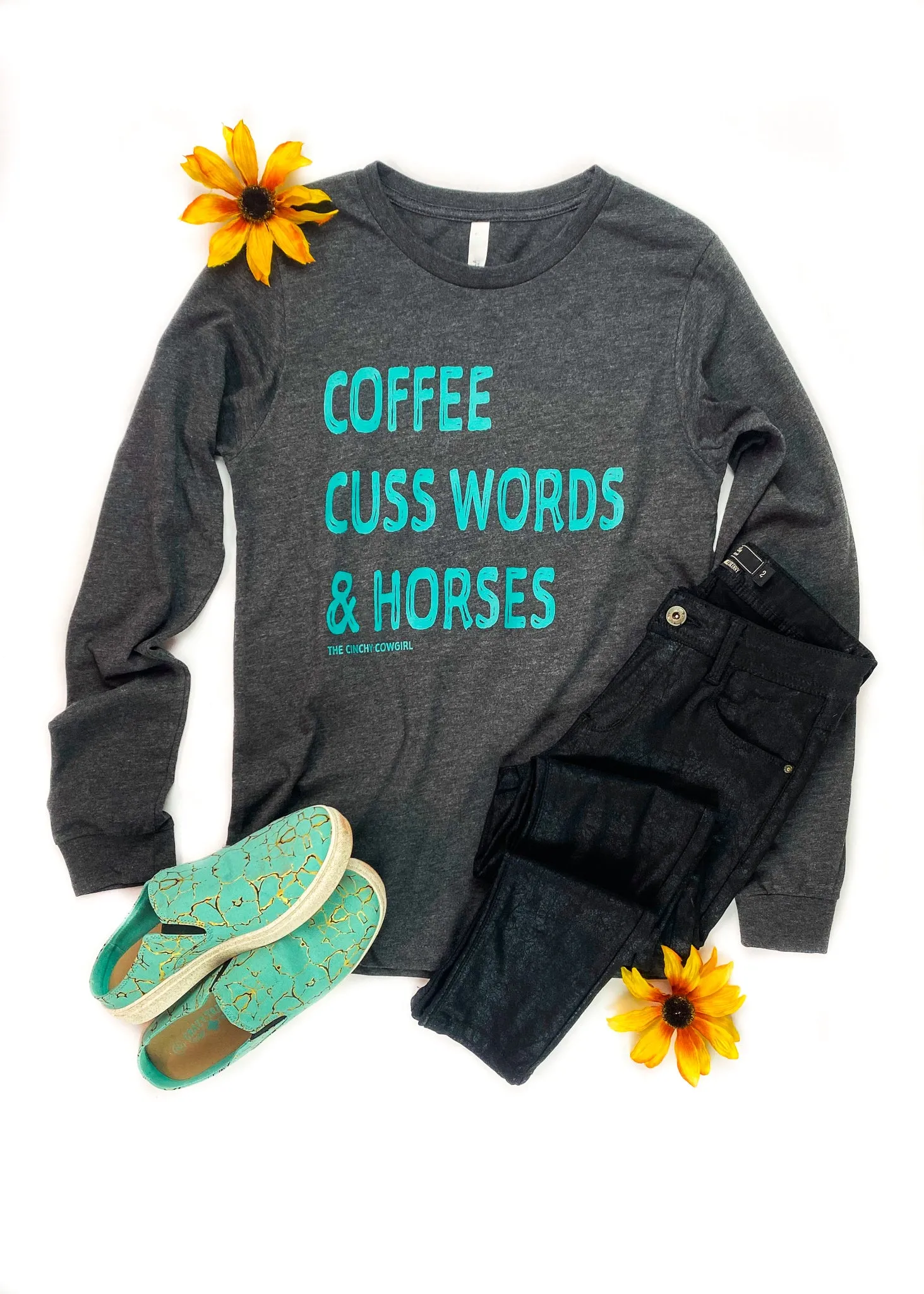 Dark Heather Grey Coffee, Cuss Words, Horses Long Sleeve Graphic Tee