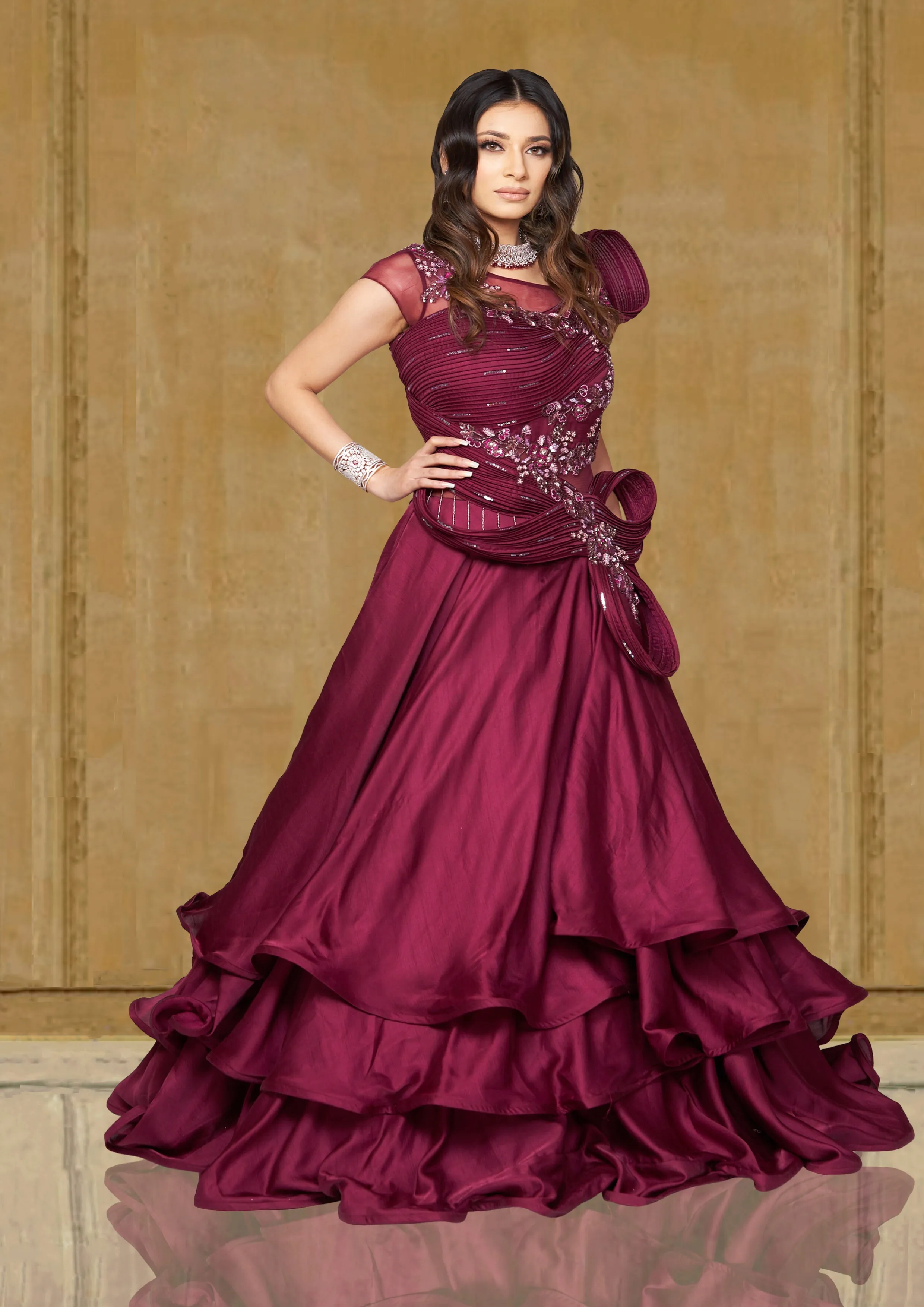 Deep Wine Sculpted Sequin Embroidered Reception Gown