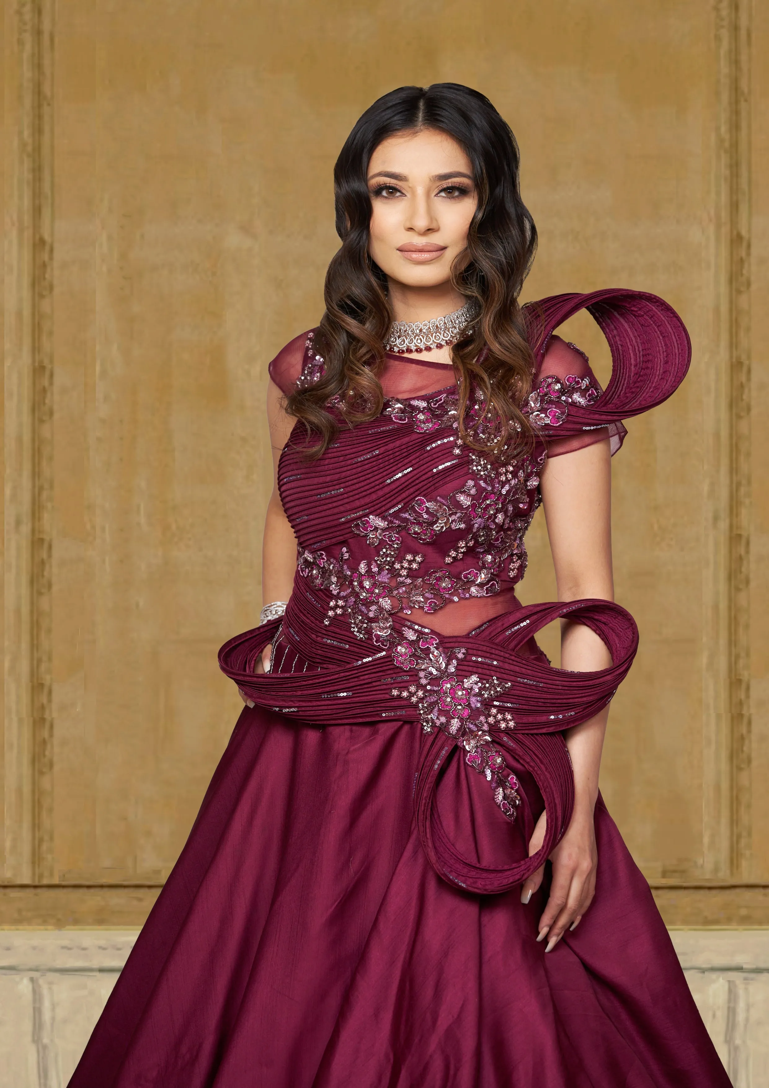 Deep Wine Sculpted Sequin Embroidered Reception Gown