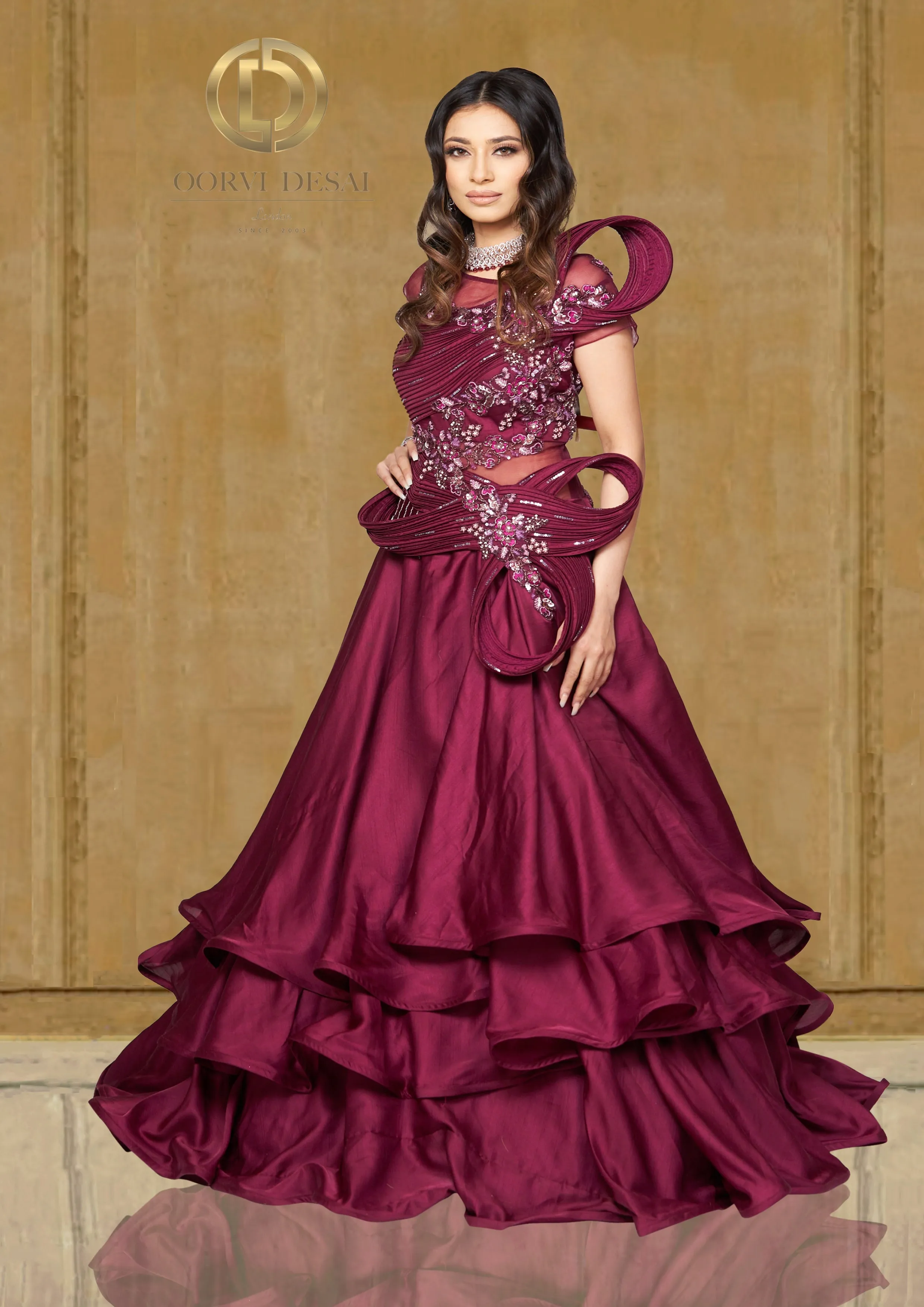 Deep Wine Sculpted Sequin Embroidered Reception Gown