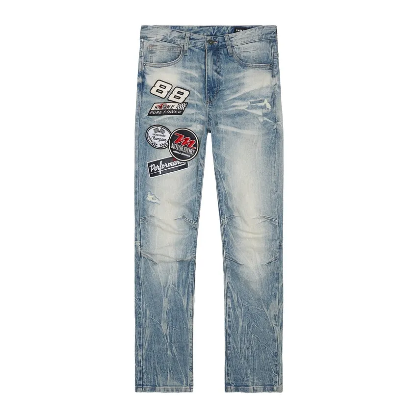 Embroidered Patched Racing Denim Jeans- Beacon Blue