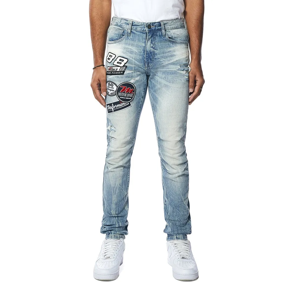 Embroidered Patched Racing Denim Jeans- Beacon Blue